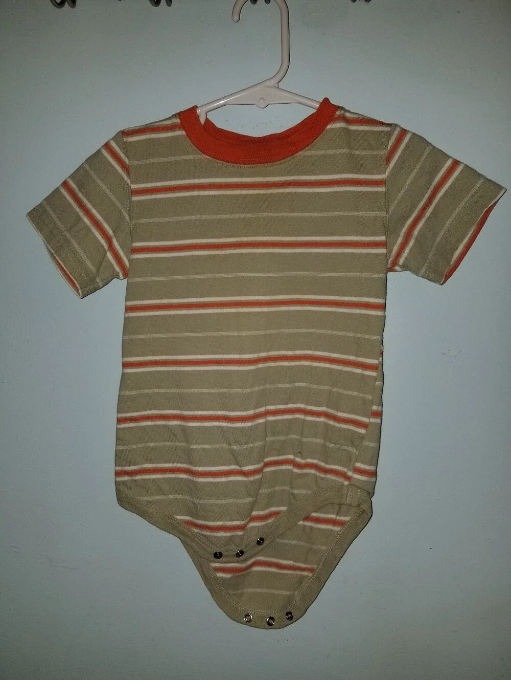 Khaki Tan & Orange Striped Baby One Piece Onesie Short Sleeve Bodysuit Snaps 24